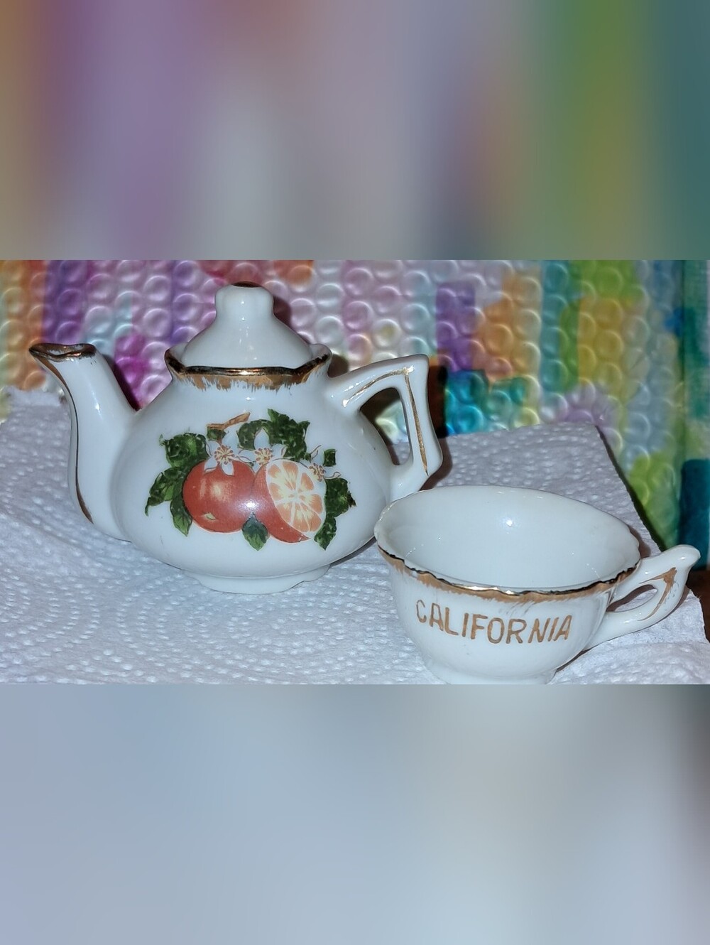 California Souvenir Mini Teapot and Cup with Orange Motif